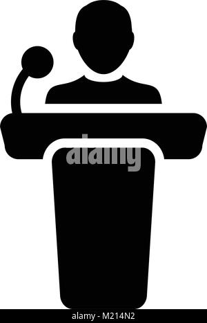 Das öffentliche Sprechen Symbol Vektor männliche Person auf dem Podium zur Präsentation und Seminar für Menschen mit Mikrofon in Glyph Piktogrammsymbols Abbildung Stock Vektor
