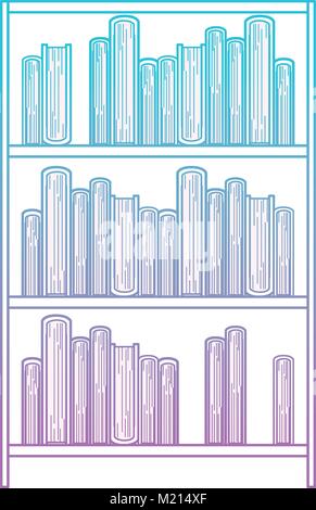 Bücher im Regal der drei Ebenen in den Fehlermodus Blau bis Violett Farbe Kontur gestapelt Stock Vektor