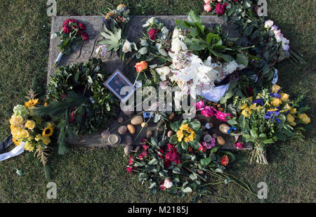 Potsdam, Deutschland. 1 Feb, 2018. Blumen und Kartoffeln wurden auf dem Grab von Friedrich der Große von Preußen am Schloss Sanssouci in Potsdam, Deutschland, 1. Februar 2018 festgelegt. Foto: Ralf Hirschberger/dpa-Zentralbild/dpa/Alamy leben Nachrichten Stockfoto