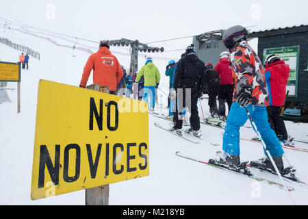 Glenshee, Schottland, Vereinigtes Königreich. 3. Februar, 2018. Neue Schnee fällt in Glenshee Skigebiet im Cairngorms viele Skifahrer, die eifrig die guten ruhigen Bedingungen zu geniessen. Stockfoto