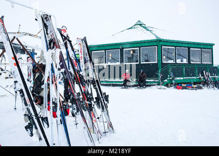 Glenshee, Schottland, Vereinigtes Königreich. 3. Februar, 2018. Neue Schnee fällt in Glenshee Skigebiet im Cairngorms viele Skifahrer, die eifrig die guten ruhigen Bedingungen zu geniessen. Stockfoto