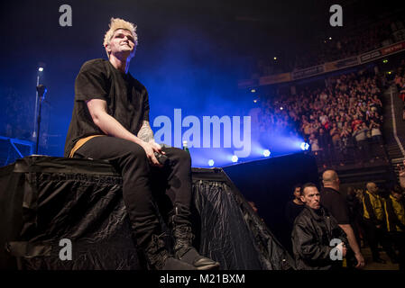 Manchester, Großbritannien. 2. Februar 2018. Lead Sänger und Keyboarder Danny O'Donoghue, Lead Gitarrist Mark Sheehan und Drummer Glen macht der das Skript in der Manchester Arena 03/02/2018 durchführen Stockfoto