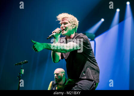 Manchester, Großbritannien. 2. Februar 2018. Lead Sänger und Keyboarder Danny O'Donoghue, Lead Gitarrist Mark Sheehan und Drummer Glen macht der das Skript in der Manchester Arena 03/02/2018 durchführen Stockfoto