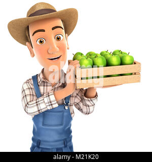 3d-Bauer Holding Kiste äpfel, Abbildung mit isoliert weißer Hintergrund Stockfoto
