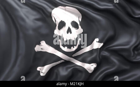 Schwarze Piratenflagge mit totenkopf und gekreuzten knochen, in den Wind. 3D-Darstellung Stockfoto