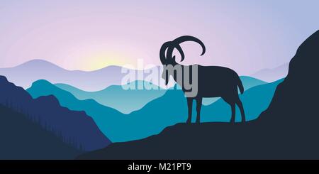 Berge, Steinböcke und Wald bei Sonnenaufgang. Landschaft mit Silhouetten Stock Vektor