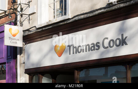 Thomas Cook unterzeichnen und Logo über ihre Reise shop Carlisle, Cumbria, England, Großbritannien Stockfoto