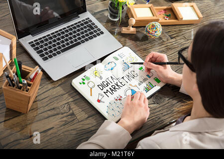 Nahaufnahme einer Geschäftsfrau Zeichnung Digital Marketing Plan auf dem Notebook über das Büro Schreibtisch Stockfoto