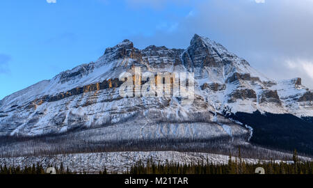 Berge neben der Mistaya River am Saskatchewan River entlang der Icefields Parkway, Alberta Stockfoto