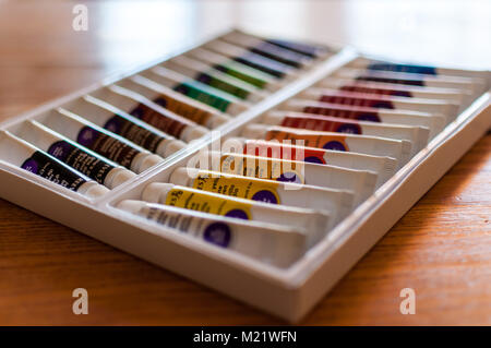 TIMISOARA, Rumänien - Januar 11, 2018: Close-up von Reeves Ölfarben. 24 Künstler Farben. Farbe Rohren. Stockfoto