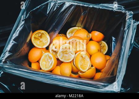 Bio Kompost Müll bin mit Orangenschalen gefüllt Stockfoto