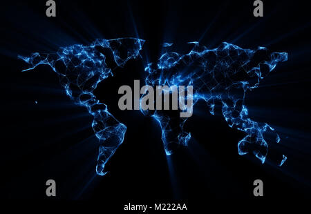 Welt Karte low Polygon blau leuchtende auf schwarzem Hintergrund Stockfoto
