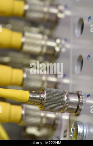 Lichtwellenleiter Stecker close-up im Rechenzentrum Stockfoto