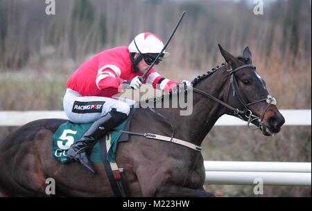 Blackbow und Patrick Mullins gewinnen die Goffs zukünftige Sterne INH flach Rennen bei Tag eines der Dublin Racing Festival an der Rennbahn Leopardstown. Stockfoto