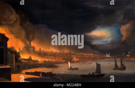 Das Große Feuer von London, 1666 nach Waggpmer, Öl auf Leinwand, Datum unbekannt. Stockfoto