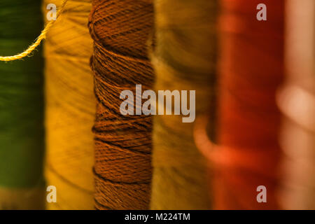 Nähgarne Spulen in verschiedenen Farben in einer Reihe. Eine Nahaufnahme. Stockfoto