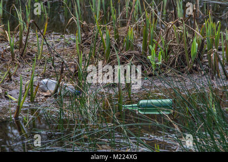 Plastik- und Glasflaschen gewaschen in sumpfige Gebiet - Metapher für Kunststoff Umweltverschmutzung / plastikmüll in der Landschaft/Krieg auf Kunststoff Stockfoto