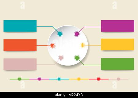 Satz von sechs Infografiken Rechtecke mit leerer Kreis in der Mitte bereit für ihren Text. Bunte Link der Schritte im unteren Teil des Vektors. Stock Vektor