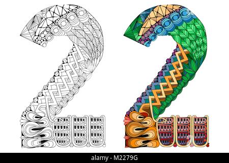 Handgemalte Kunst Design. Nummer zwei zentangle Objekte. Farbige und Outline festlegen Stock Vektor