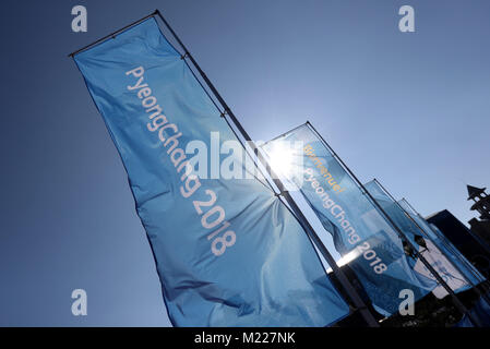 Pyeong Chang 2018 Flaggen während einer Vorschau Tag am Alpensia Sport Park, im Vorfeld der Olympischen Winterspiele 2018 PyeongChang in Südkorea. Stockfoto