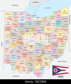 Ohio administrative und politische Vektorkarte mit Fahne Stock Vektor