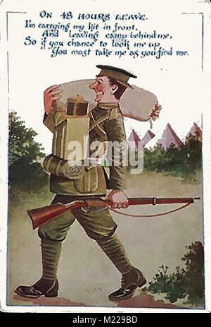 Erster Weltkrieg (1914-1918) aka Der Große Krieg oder Weltkrieg - Grabenkämpfe - WWI-humorvollen Ersten Weltkrieg Postkarte eines britischen Soldaten gehen auf Urlaub Stockfoto