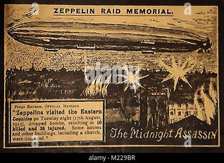 Erster Weltkrieg (1914-1918) aka Der Große Krieg oder Weltkrieg - WWI Deutsche Zeppelin Raid auf den östlichen Grafschaften von Großbritannien im Jahr 1915 erinnert ein Denkmal auf der Postkarte als Propaganda Stockfoto