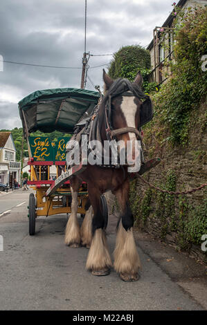 POLPERRO, CORNWALL 07. JUNI 2009: Der Pferdewagen, der einen Taxi-Service in das Dorf anbietet Stockfoto