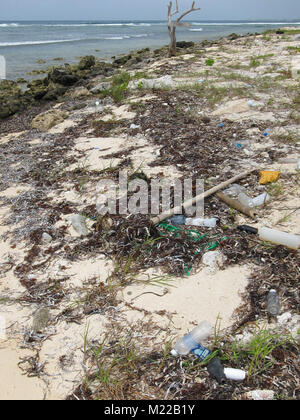 Angeschwemmte Kunststoffe Wurf die Strände auf Grand Cayman, Cayman Islands, Karibik. Stockfoto