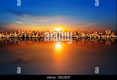 Zusammenfassung Hintergrund mit Panorama von New York und Golden Sunset Stock Vektor