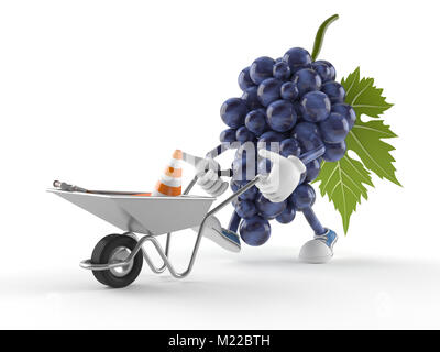 Trauben Charakter mit Schubkarre auf weißem Hintergrund Stockfoto