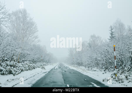 Schönen winter Blick entlang der Straße von Biei, Hokkaido Daisetsuzan Nationalpark, dem größten Nationalpark. Fahren in Hokkaido ist erstaunlich. Stockfoto