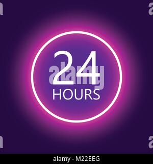 24 Stunden geöffnet, Lila Neon reklametafel Vector Illustration Stock Vektor