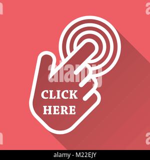 Klicken Sie hier auf das Symbol. Hand cursor Zeichen. Rosa Schaltflächen mit langen Schatten. Flache Vector Illustration. Stock Vektor