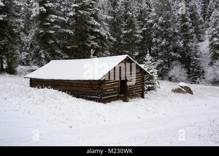 Eine verschneite Blockhütte, at, entlang der Straße außerhalb der Granat Ghost Town, auf Bear Gulch, nordwestlich von Drummond, Montana in Granit County. Die Minen Stockfoto