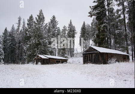 Schnee bedeckt Holzhütten Am Granat Ghost Town, auf Bear Gulch, nordwestlich von Drummond, Montana. Die Gruben in der Umgebung extrahiert werden in erster Linie Gold. Stockfoto