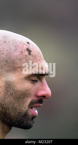 Kopfverletzung auf einem Laienhaften rugby union Player. Stockfoto