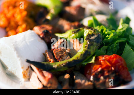 Platte von shish Lammfleisch mit Zwiebeln, roter Reis, Joghurt, gerösteten Tomaten und Paprika. Stockfoto