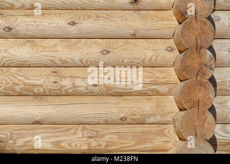 Neue holzwand. Raue Oberfläche des Protokolls. Stockfoto