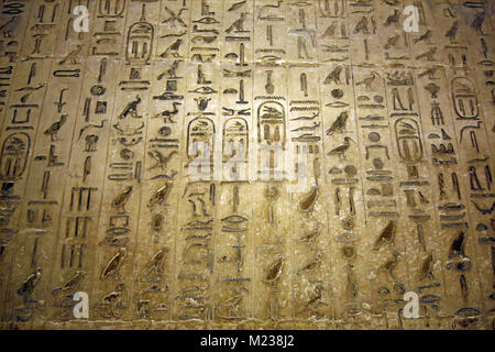 Hieroglyphen an der Wand in einem unterirdischen Grab in der Nekropole von Sakkara in der Nähe von Memphis, Ägypten Stockfoto