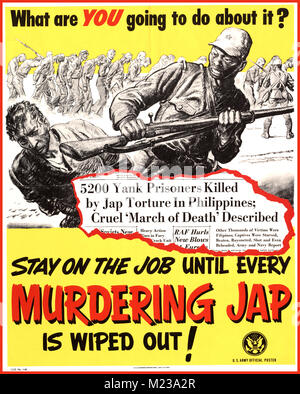 1944 American WW2 Propaganda Poster' Was sind sie es, die den Aufenthalt auf dem Job zu tun, bis jeder Ermordung Jap ausgelöscht ist! Poster Anzeige der sehr hohen anti-japanische Gefühle in den USA wegen der amerikanischen Truppen gefoltert in den Philippinen während des Zweiten Weltkriegs Stockfoto