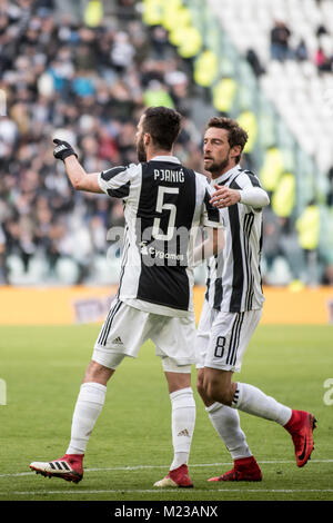 Turin, Italien. 04 Feb, 2018. Miralem Rudolph in der Seria A Fußballspiel. FC Juventus vs Sassuolo. Juventus Turin gewann 4-0 in Turin, Allianz Stadion, Italien vom 4. Februar 2018. Credit: Alberto Gandolfo/Pacific Press/Alamy leben Nachrichten Stockfoto