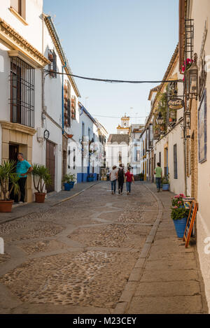 Cordoba, Spanien - 10 April, 2017: alten, typischen Straße im Alcazar Viejo Viertel von Córdoba mit weißen Wänden mit Blumen geschmückt. Dieses Viertel ist f Stockfoto