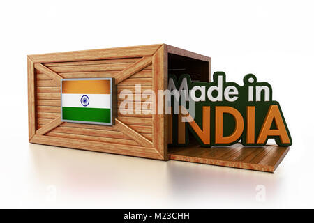 In Indien Text innerhalb der Ladekasten mit indischen Flagge gemacht. 3D-Darstellung. Stockfoto