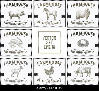 Etiketten mit Nutztieren. Vorlagen Preis tags für Geschäfte und Märkte von Bio-lebensmitteln. Vector Illustration kunst Jahrgang. Hand Tiere Stock Vektor