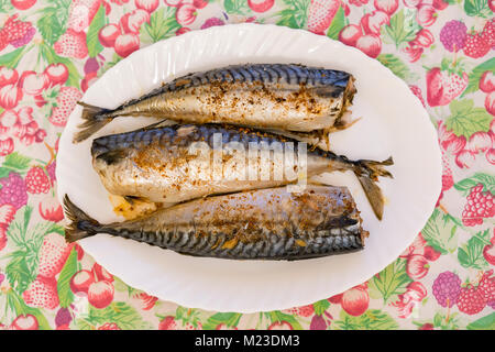 Drei gebackenen Fisch auf einem weißen Teller. Gesundes Essen, Fisch und Meeresfrüchte. Makrele Stockfoto