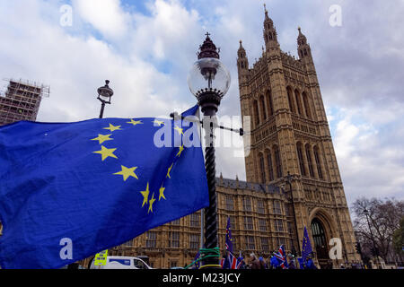 London, Großbritannien. 30. Januar 2018. Eine Fahne der Europäischen Union fliegt von einem Lamp Post gegenüber dem Houses of Parliament in London, England, Vereinigtes Königreich, Großbritannien Stockfoto