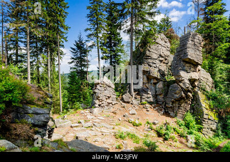 Rocky Tor, Bildung auf Trojak mount in goldene Berge in der Nähe der Stadt Ladek Zdroj (ger. Bad Landeck), Woiwodschaft Niederschlesien. Polen, Europa. Stockfoto