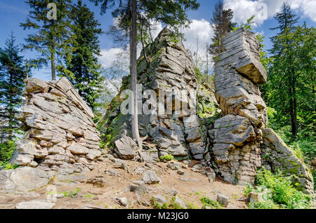 Rocky Tor, Bildung auf Trojak mount in goldene Berge in der Nähe der Stadt Ladek Zdroj (ger. Bad Landeck), Woiwodschaft Niederschlesien. Polen, Europa. Stockfoto