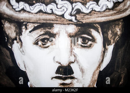 Ausstellung von Vintage Film Poster der jugoslawischen Zeit in Belgrad, Serbien, am 17. Dezember 2017. Ein Plakat für einen Film, in der Hauptrolle und Regie von Charlie Chaplin. Stockfoto